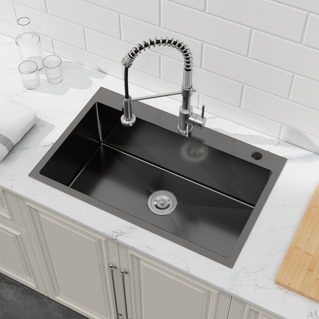 Stainless Steel Kitchen Sink, 30″x19″ Single Bowl, Overmount Handmade Sink in Black, with US Standard Drain and Hook