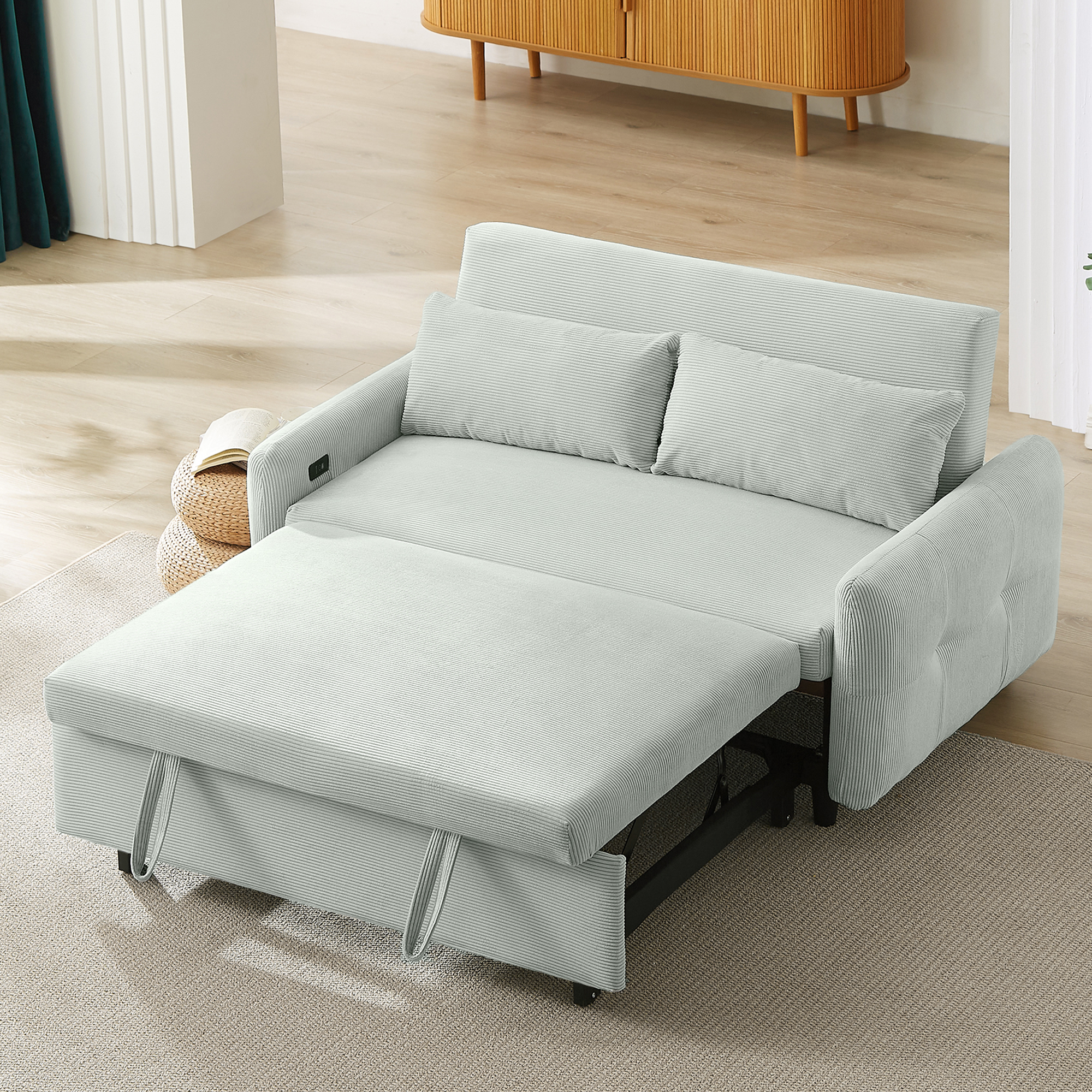 Modern Convertible Pull-out Sofa Bed Loveseat with USB Ports, Light Grey-Green Corduroy, 57.48 Inches