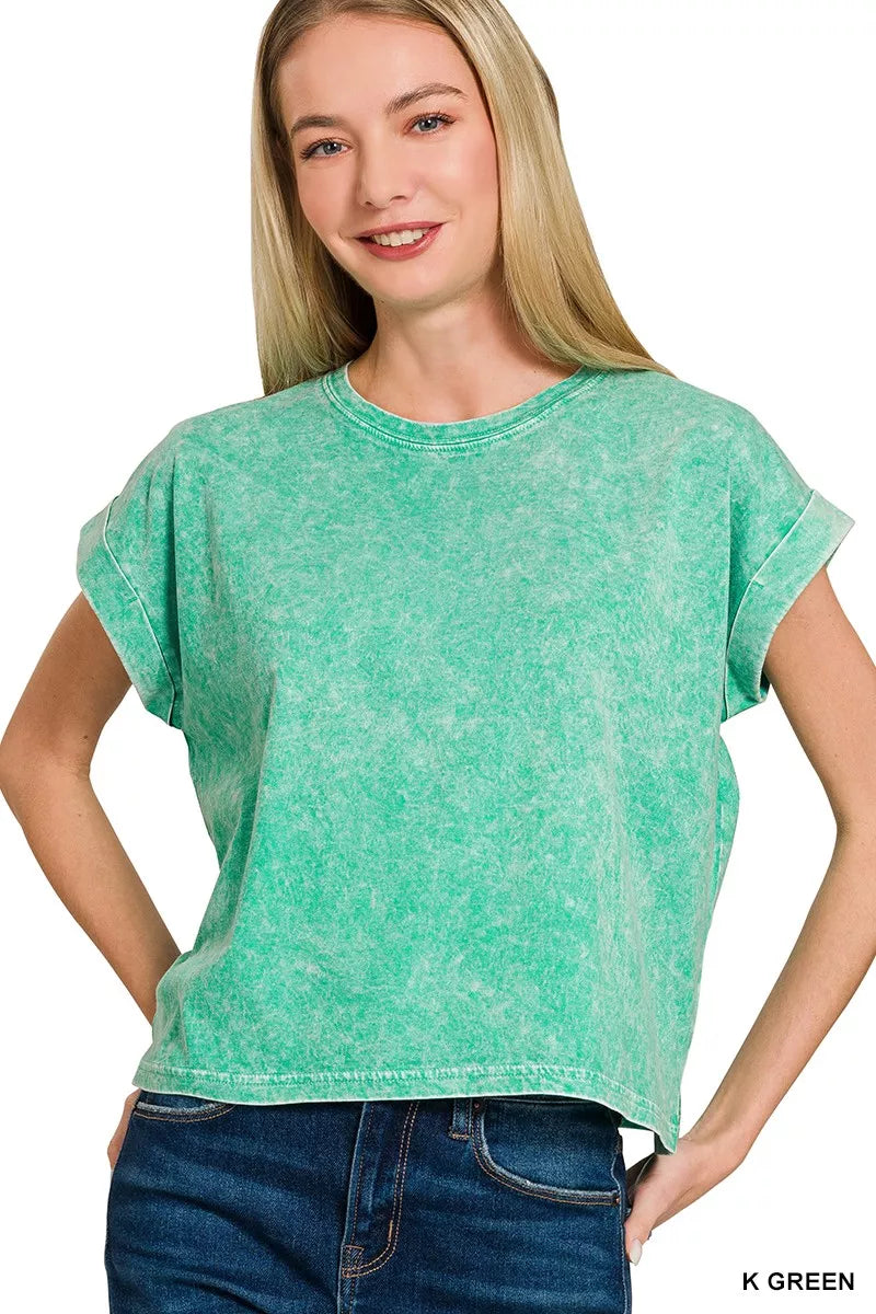 Zenana Halo Washed Cotton Cuffed Short Sleeve Top