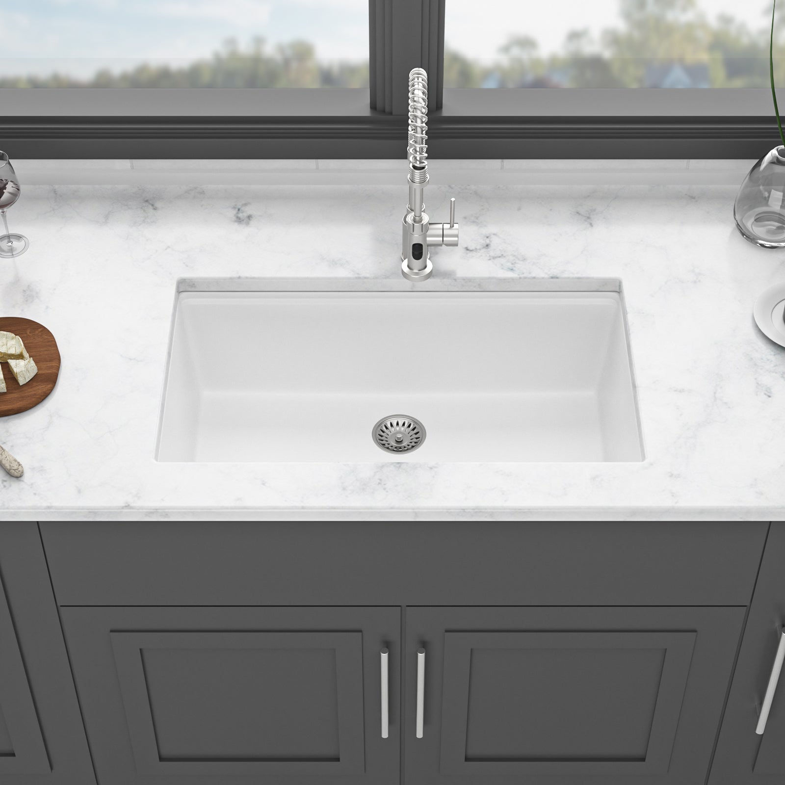 Quartz Kitchen Sink - 32' x 19' White Granite Composite Workstation Undermount Kitchen Sink