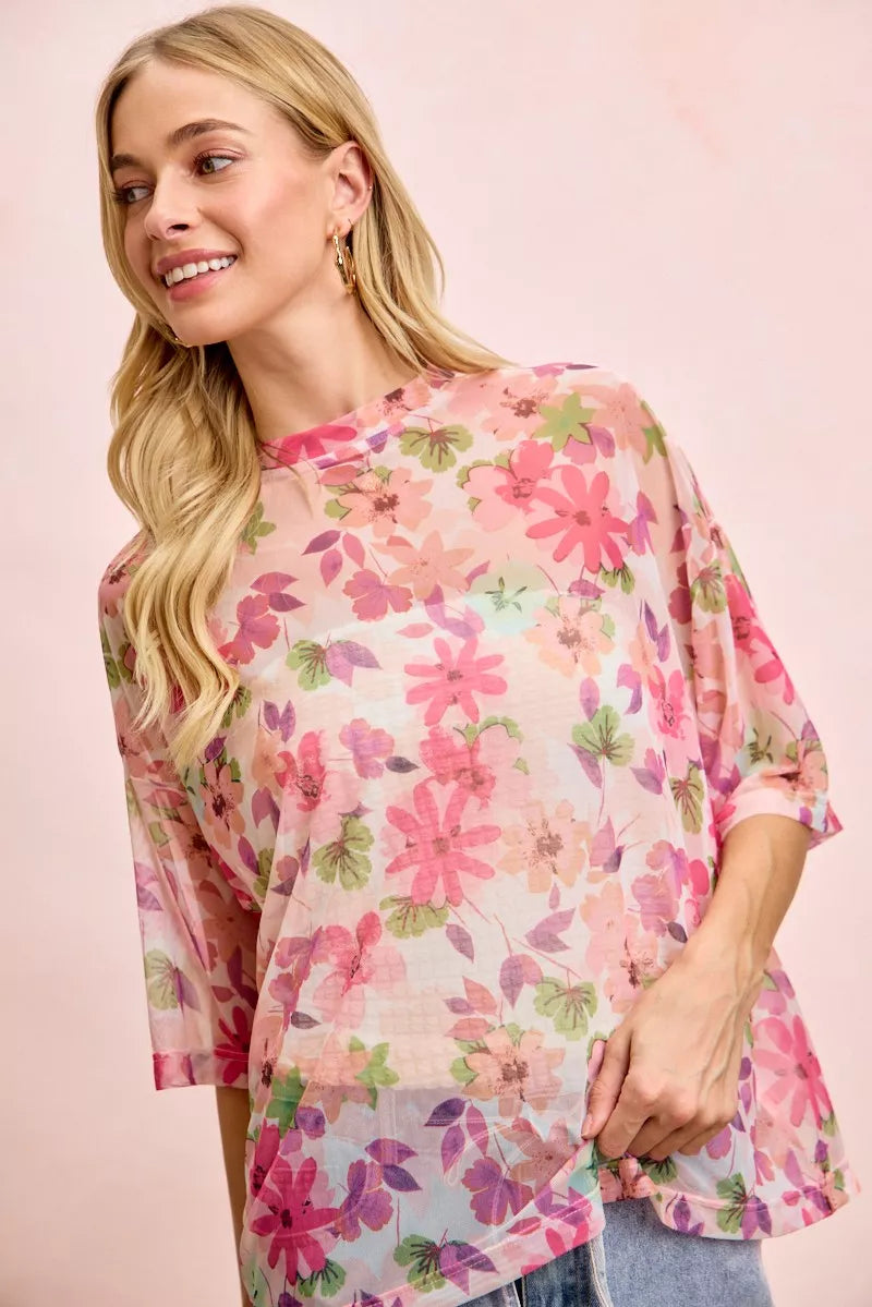 BiBi Floral Print Short Sleeves Boxy Mesh Top