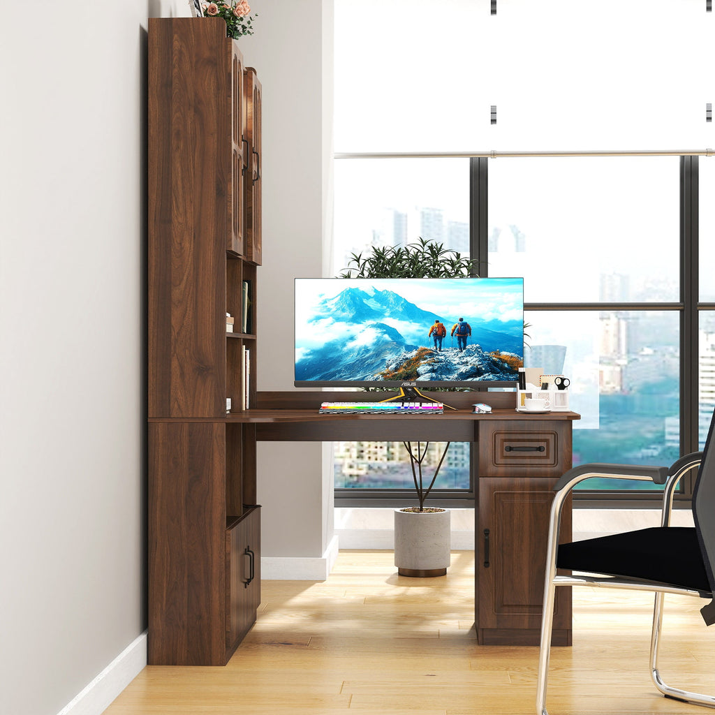 L-Shaped Corner Computer Desk  for Home Office or Study desk, Study Modern Style Table with Drawers, Bookshelf & Hutch, 2-in-1 L-Shaped Design, Large Working Space