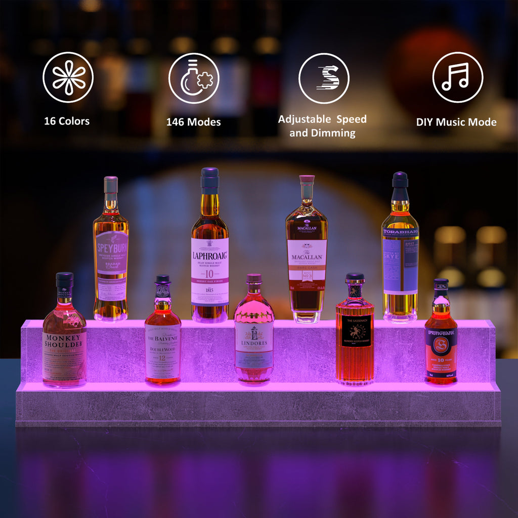 LED Lighted Liquor Bottle Display Shelf, 37 Inch Bar Display Shelf, DIY Illuminated Bottle Shelf with App & Remote Control, 2 Step Freestanding Holding Bottles for Home Bar, Party, Grey