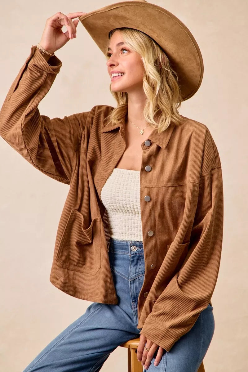 BiBi Corduroy Relaxed Fit Shacket with Back Pleat
