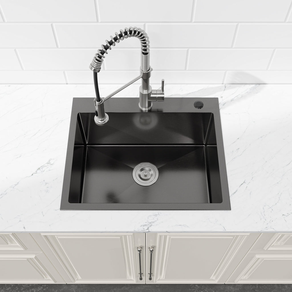 Stainless Steel Kitchen Sink, 23″x19″ Single Bowl, Undermount Handmade Sink in Black, with US Standard Drain and Hook, LS-SSBL02