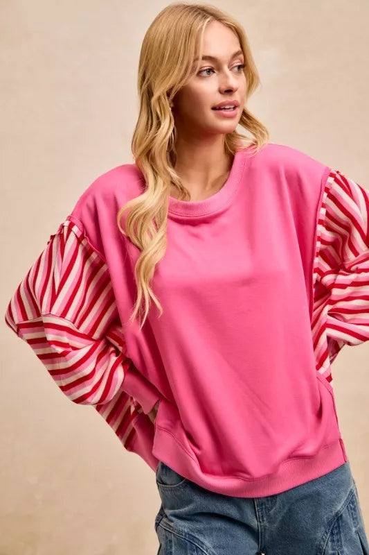 BiBi French Terry Stripe Combo Sweatshirt with Open Seam