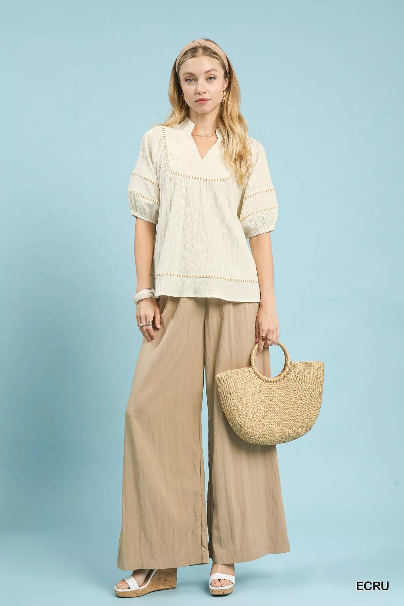 Umgee Textured Short Sleeve Top with Contrast Trim