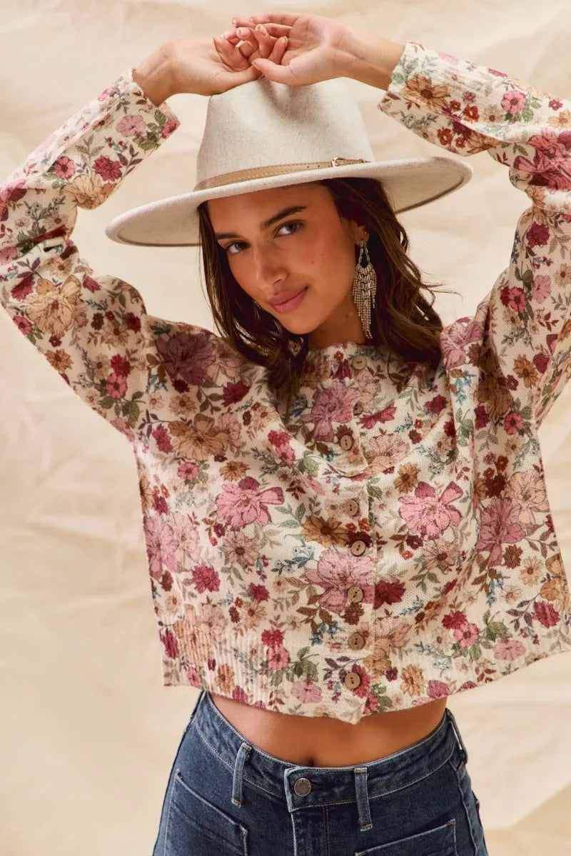 SO ME Floral Print Button Front Sweater Cardigan