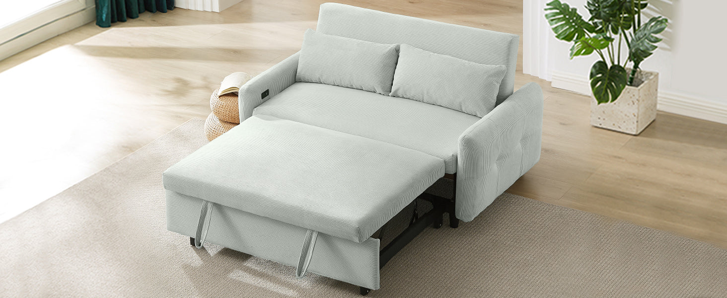 Modern Convertible Pull-out Sofa Bed Loveseat with USB Ports, Light Grey-Green Corduroy, 57.48 Inches