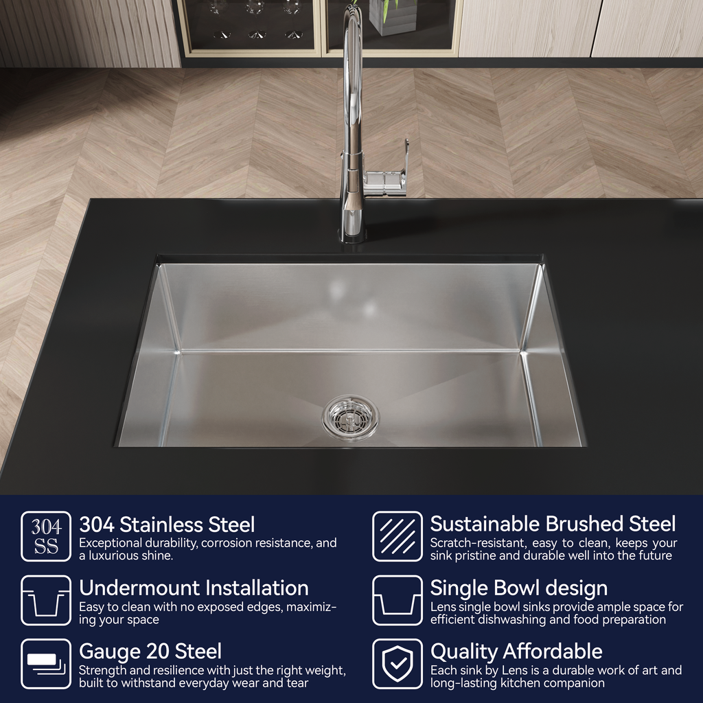 Stainless Steel Kitchen Sink, 30″x19″ Drop In Single Bowl, Undermount Handmade Sink in Brushed Nickel, with US Standard Drain and Hook, LS-SSBR05