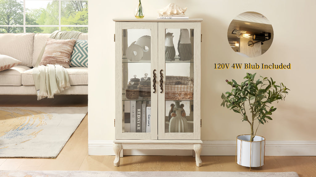 2 Doors Curio Cabinet with Tempered Glass Doors, Curio Cabinets with Mirrored Back Panel and Adjustable Shelves, Lighted Display Cabinet for Home, Office Light Bulb Included White