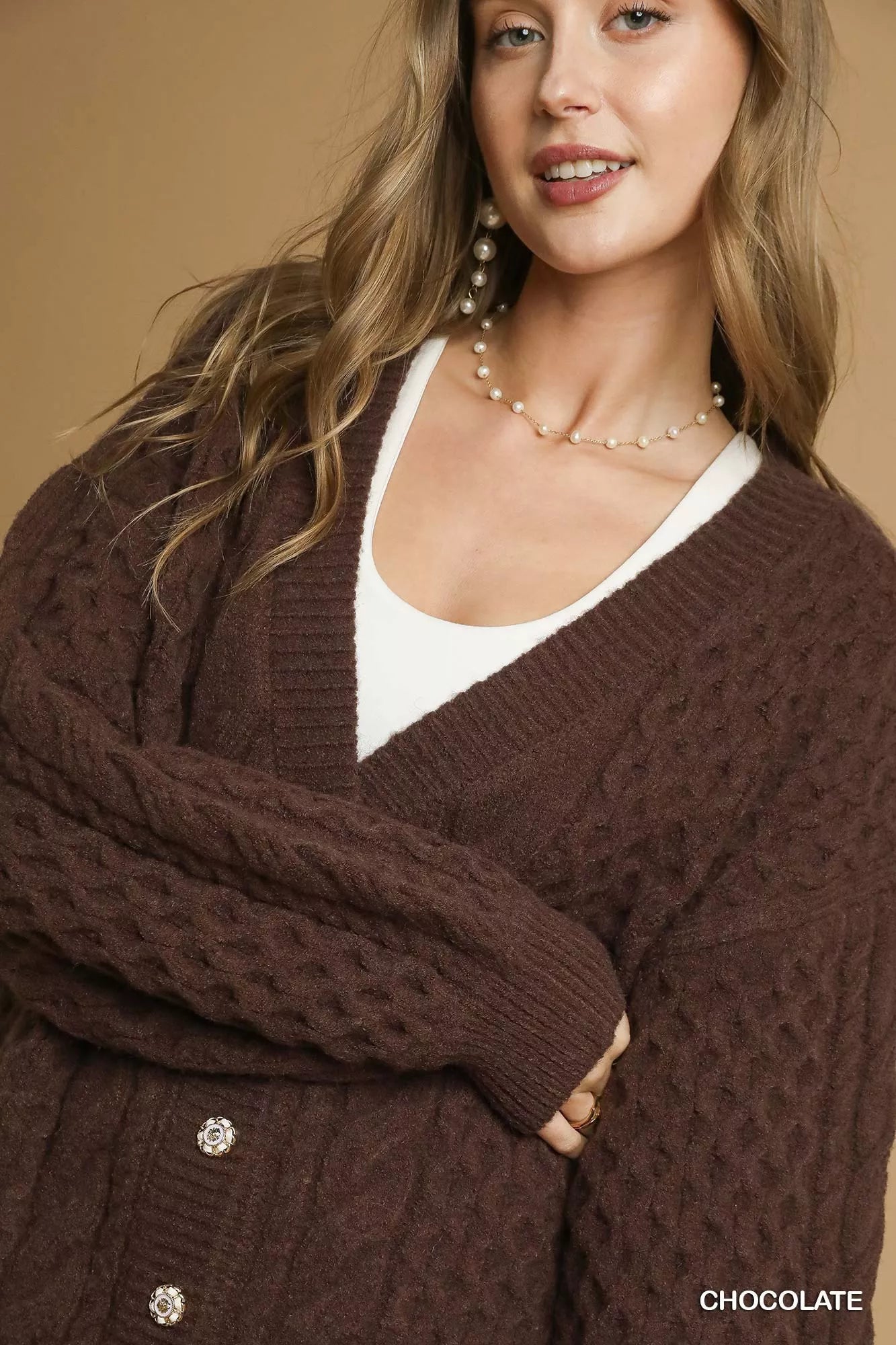 Umgee Cable Knit Pearl Button Cardigan