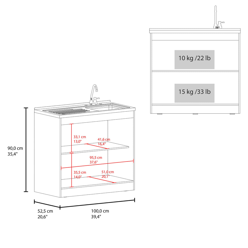 Napoles Utility Sink with Faucet Inclued and Integrated Stainless Steel Counter top, Freestanding cabinet with two doors, Metal Handles and Two interior shelves, Black & White Print