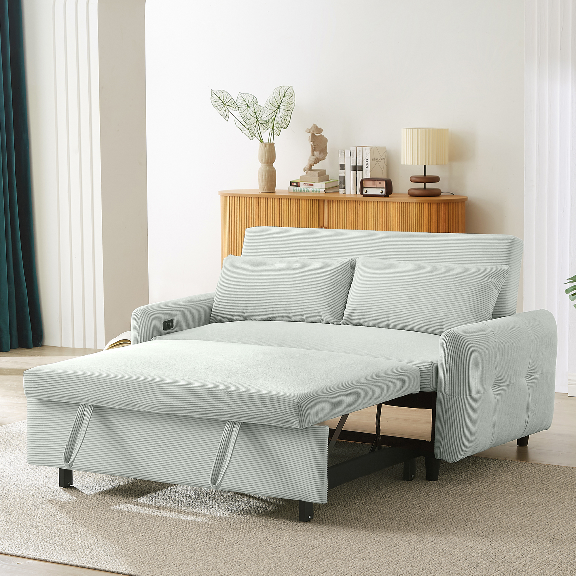 Modern Convertible Pull-out Sofa Bed Loveseat with USB Ports, Light Grey-Green Corduroy, 57.48 Inches