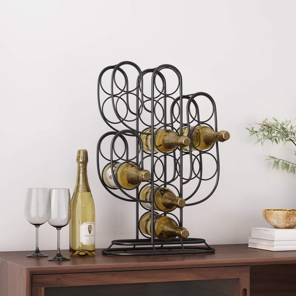 Modern Industrial Tabletop Wine Rack with Cactus Design in Black Metal for 13 Bottles