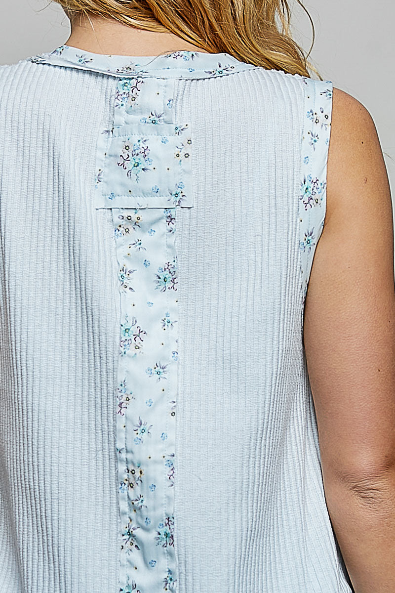 POL Floral Print Patche Round Neck Ribbed Tank with Double Gauze Ruffle Accents