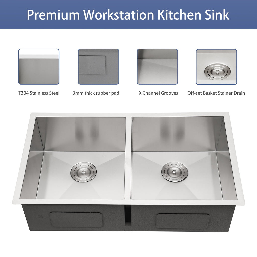 Brushed Nickel Undermount Double Bowl Kitchen Sink 33 x 19 in 16 Gauge Stainless Steel with 9 Inch Deep Basin