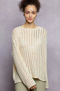 POL Openwork Round Neck Knit Top with Shiny Detail