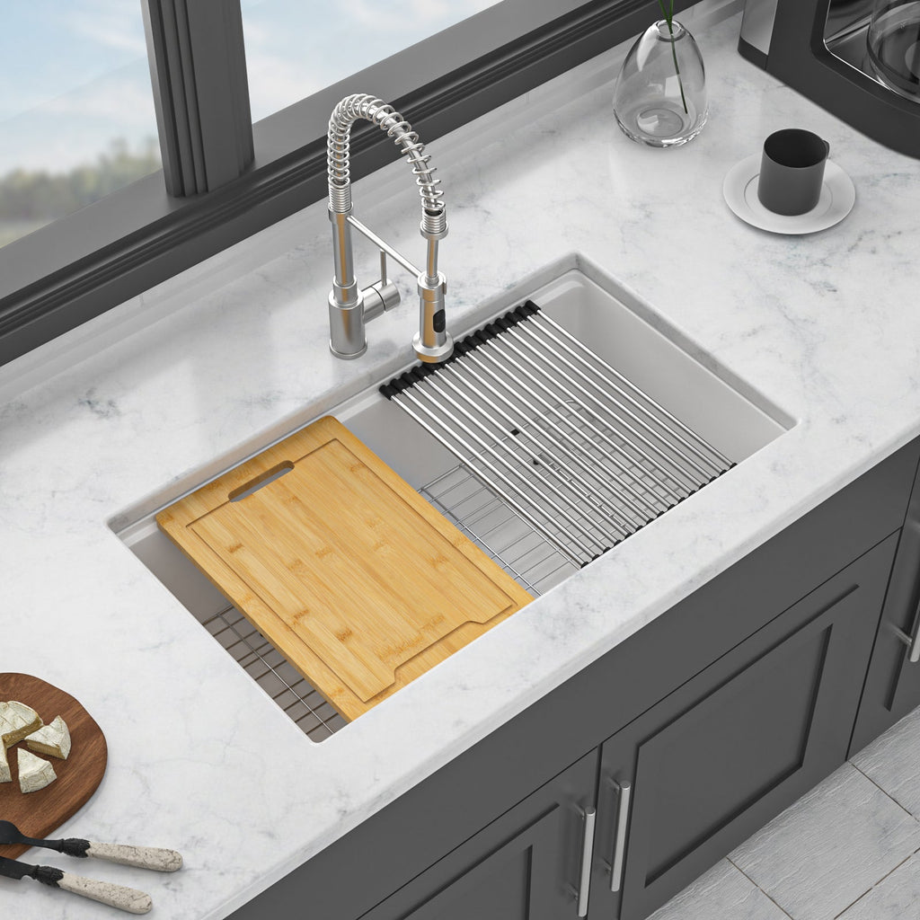 Quartz Kitchen Sink - 32' x 19' White Granite Composite Workstation Undermount Kitchen Sink