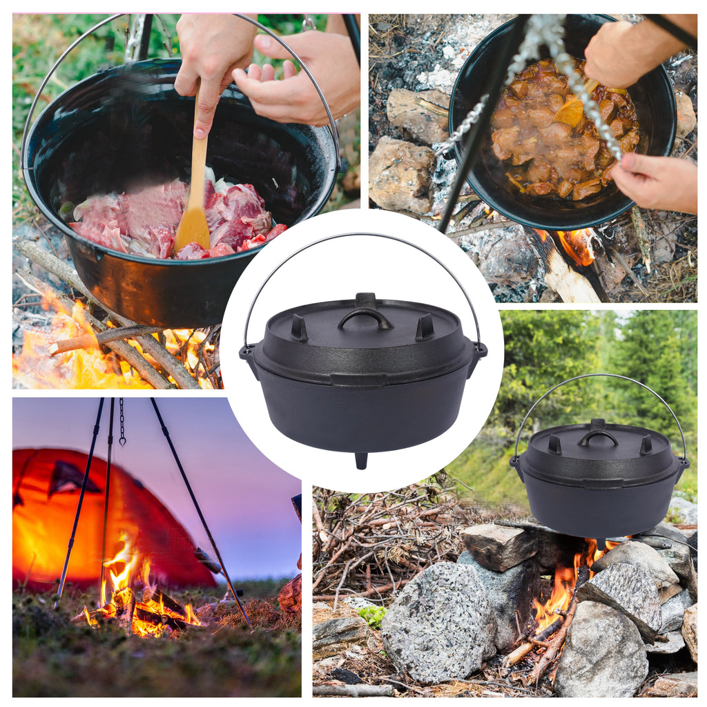 pre-Seasoned Cast Iron Dutch Oven With Skillet Lid, Outdoor Camping Deep Pot for Camping Fireplace Cooking BBQ Baking Campfire, Leg Base, 12 Quart