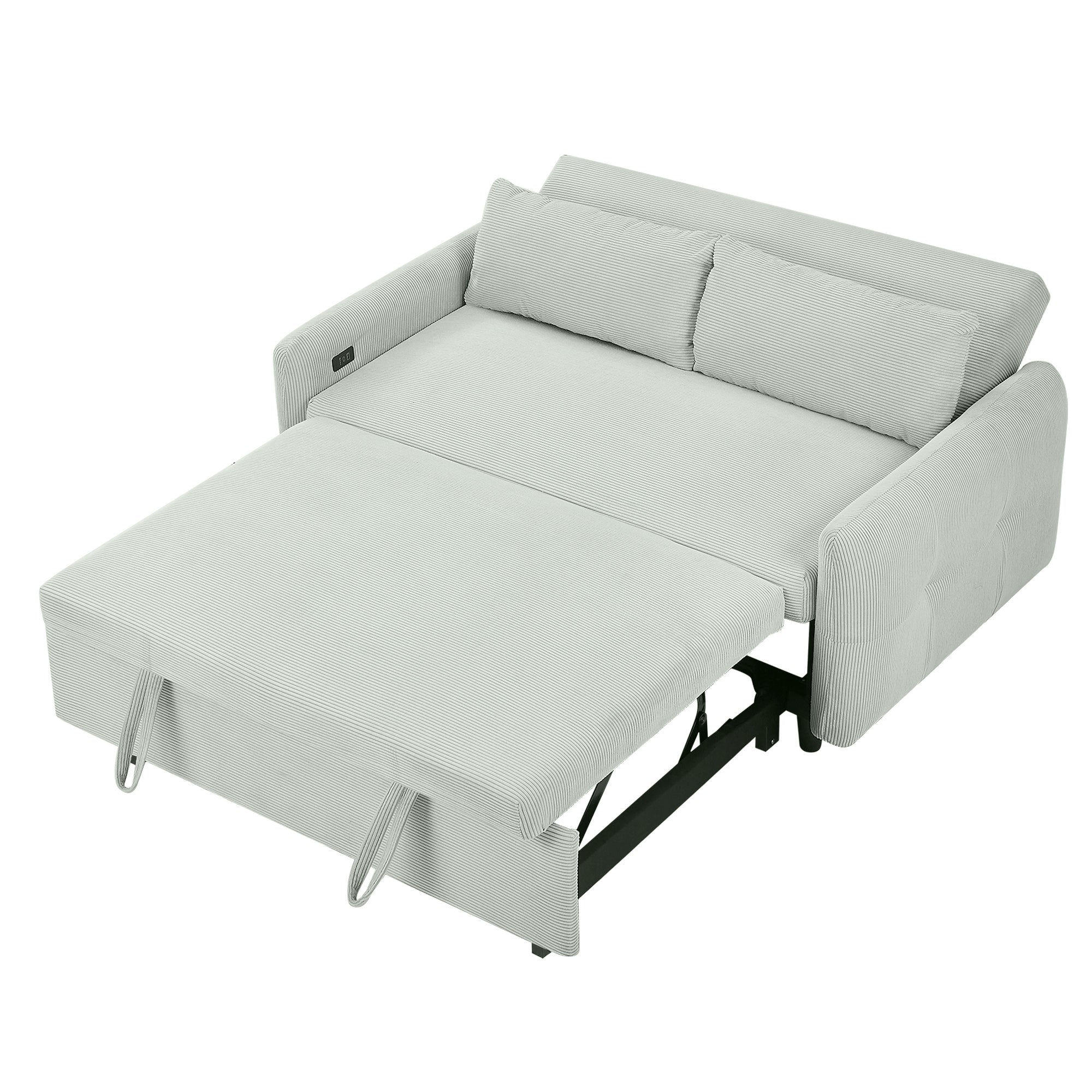 Modern Convertible Pull-out Sofa Bed Loveseat with USB Ports, Light Grey-Green Corduroy, 57.48 Inches