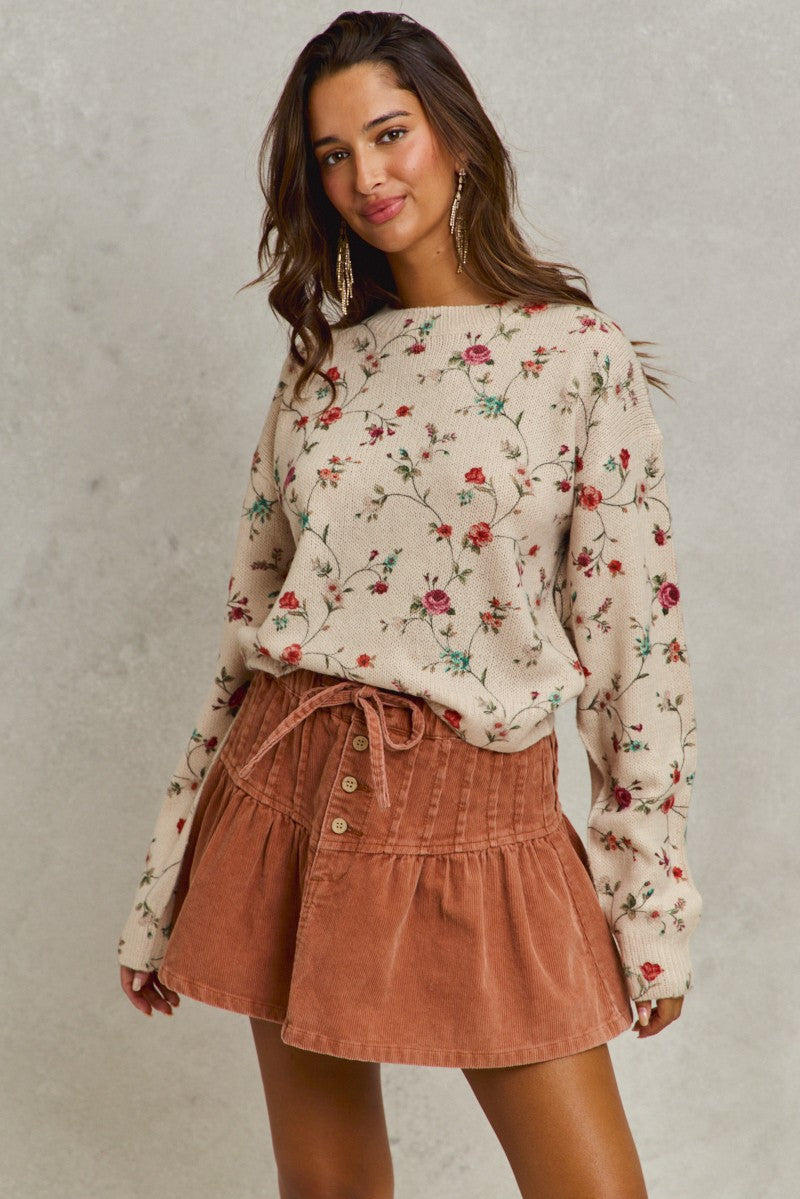 SO ME Mineral Wash Pintucked Corduroy Mini Flared Skirt