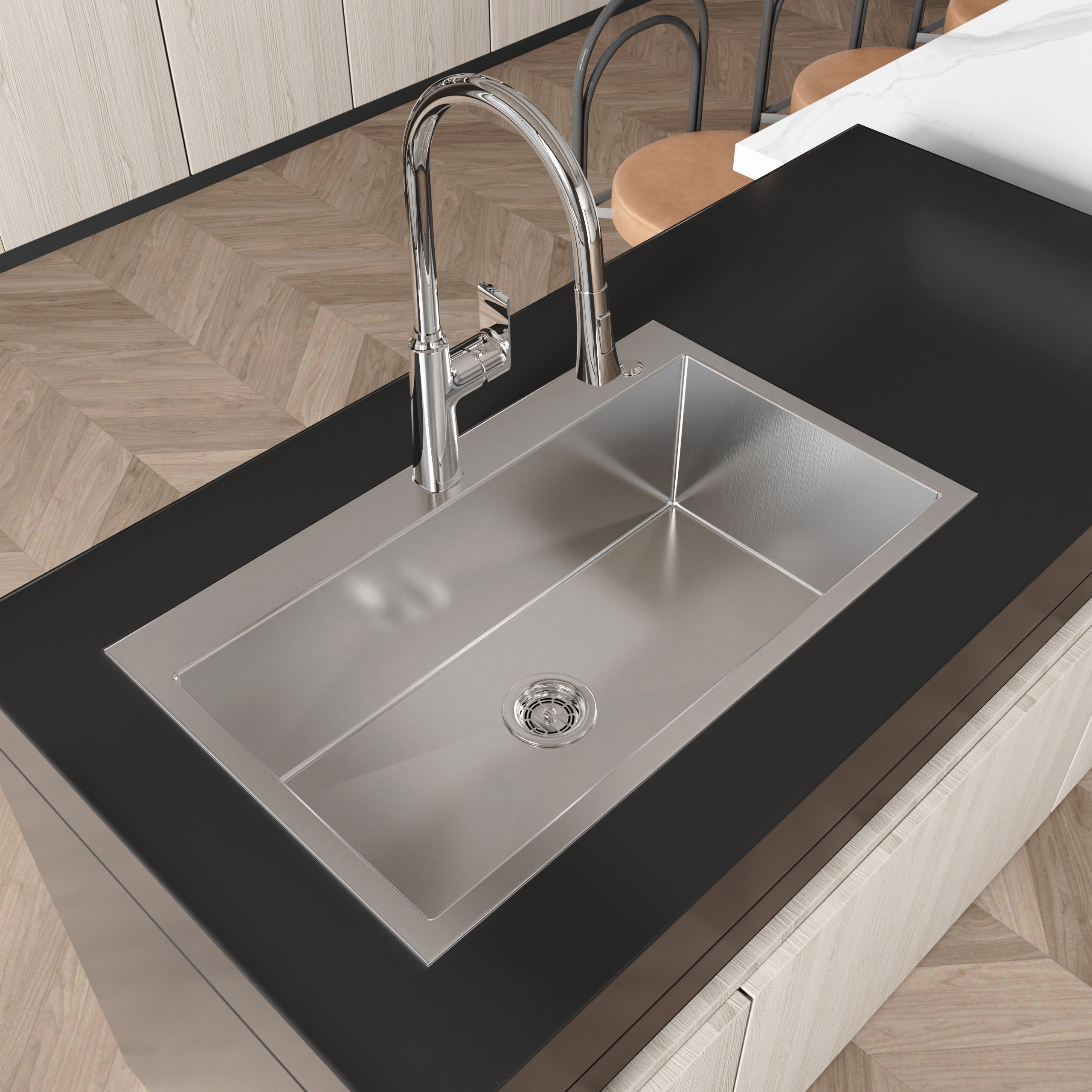 Stainless Steel Kitchen Sink, 32″x19″ Single Bowl, Overmount Handmade Sink in Brushed Nickel, with US Standard Drain and Hook, LS-SSBR02