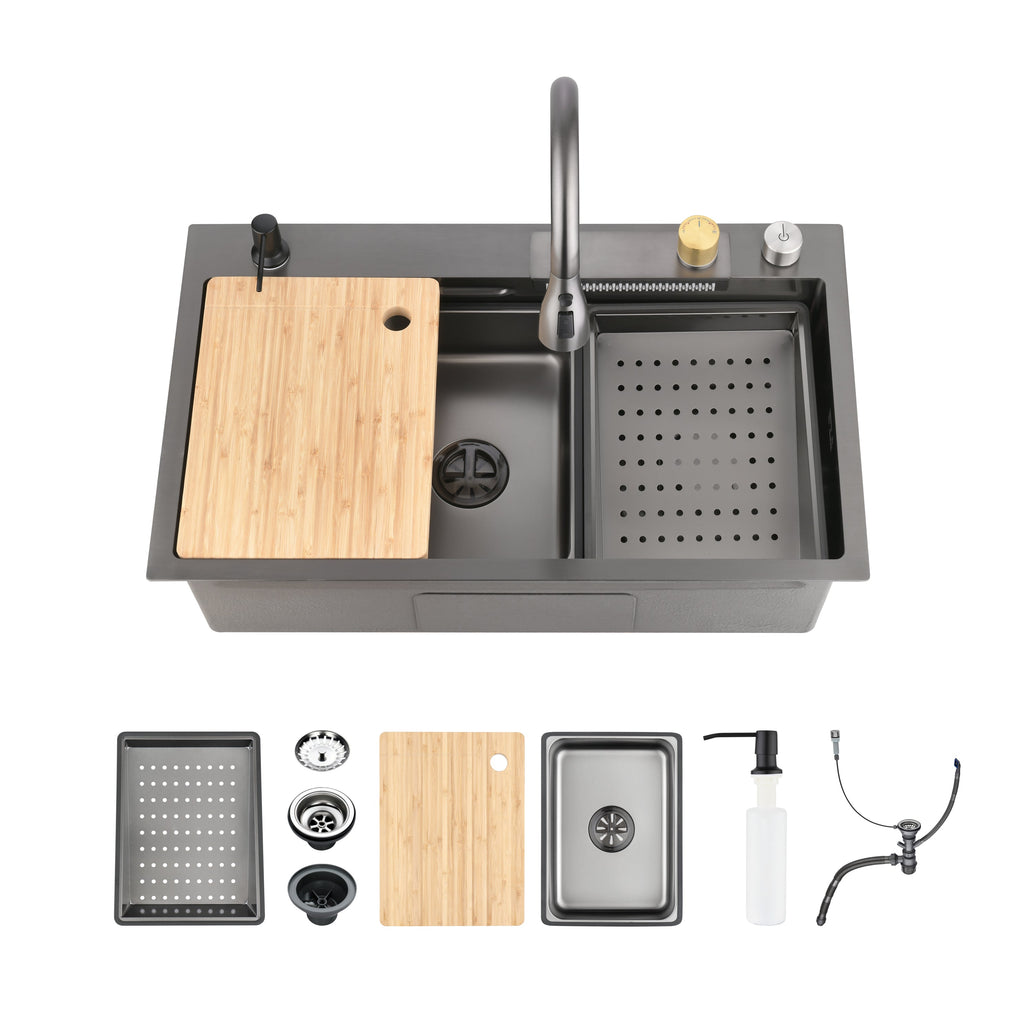 Waterfall Kitchen Sink, Stainless Steel Single Bowl in Black, Multifunctional Workstation with Flying-rain Faucet and Cutting Board, 30×18″ Stainless Steel Single Bowl Sink, LS-SSBL05
