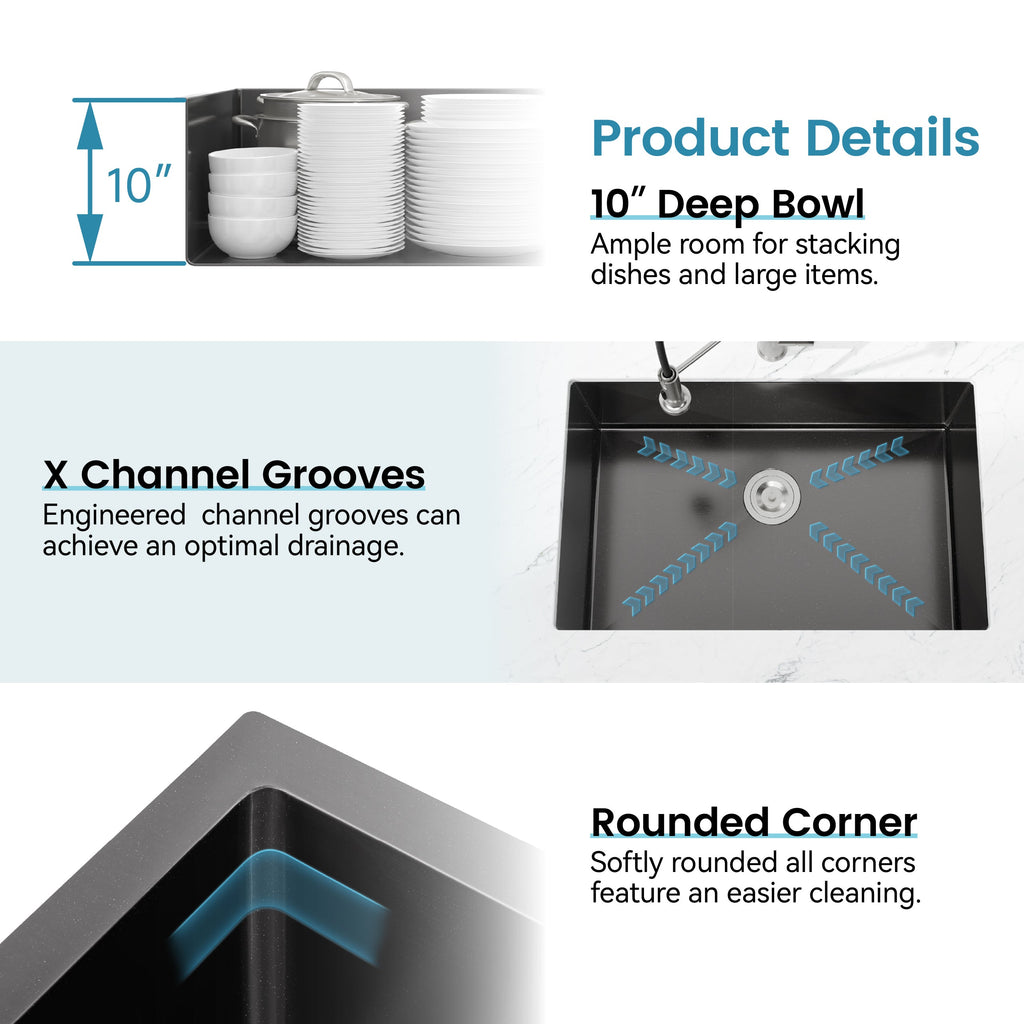 Stainless Steel Kitchen Sink, 27″x19″ Single Bowl, Undermount Handmade Sink in Black, with US Standard Drain and Hook