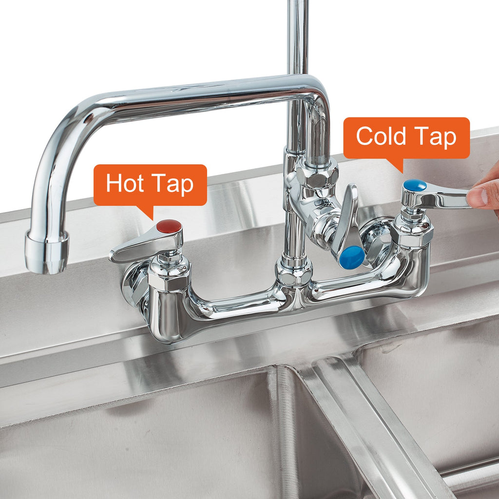 Commercial Faucet with Pre-Rinse Sprayer, 25' Height, 8' Center, 12' Swing Spout, Wall Mount Kitchen Sink Faucet, Brass Constructed Device with Pull Down Spray, for 1/2/3 Compartment Sink