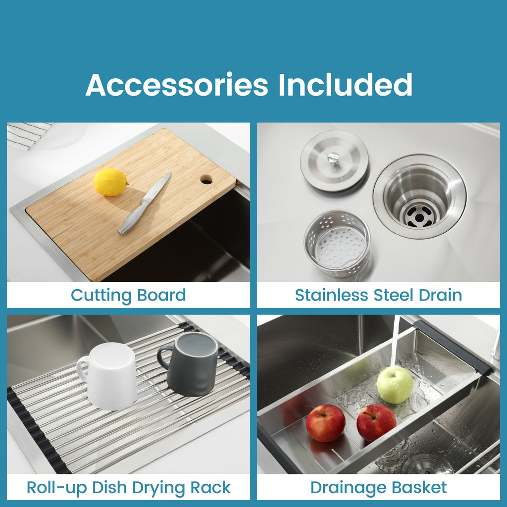 Stainless Steel Kitchen Sink, 33″x22″ Single Bowl, Overmount Handmade Sink in Brushed, with Cutting Board, Colander, SS-BR01D-332208