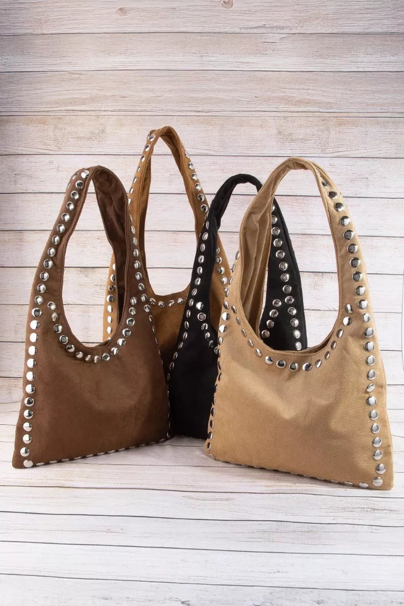 Fame Grommet Border Studded Suede Shoulder Bag