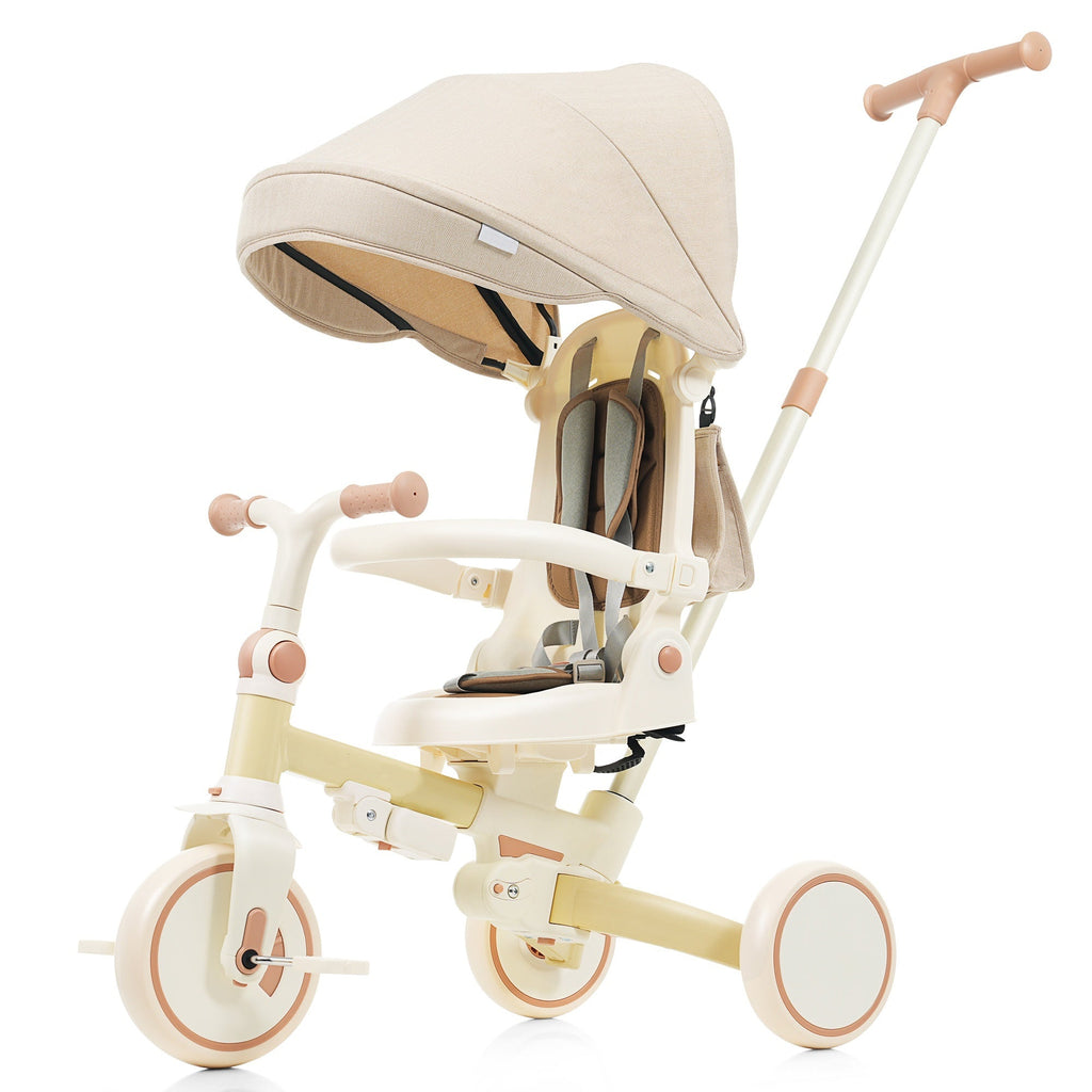 7 in 1 Baby Tricycle, Foldable Toddler Tricycle with Removable and Adjustable Parent Handle, Toddler Push Bike with Removable Pedal, Canopy, and Guardrail, Tricycle for 12-72 Months, yellow