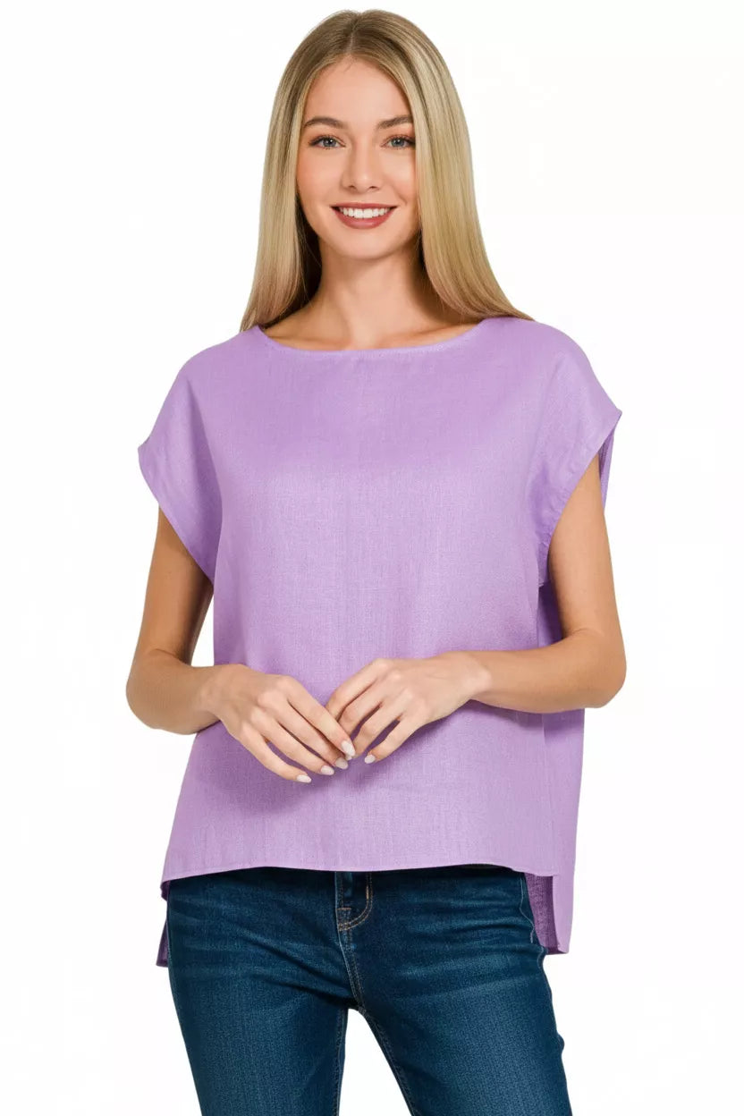 Zenana Linen Round Neck Cap Sleeve Top