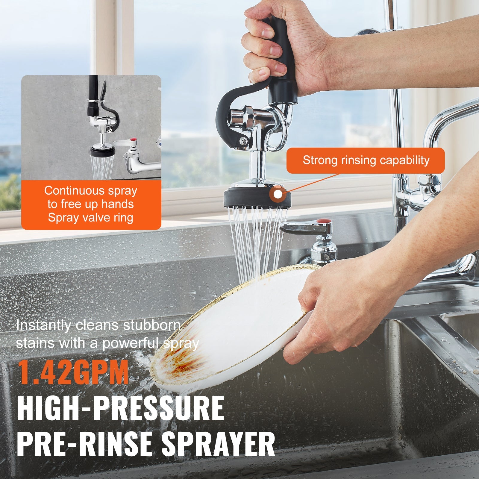 Commercial Faucet with Pre-Rinse Sprayer, 47' Height, 8' Center, 12' Swing Spout, Wall Mount Kitchen Sink Faucet, Brass Constructed Device with Pull Down Spray, for 1/2/3 Compartment Sink