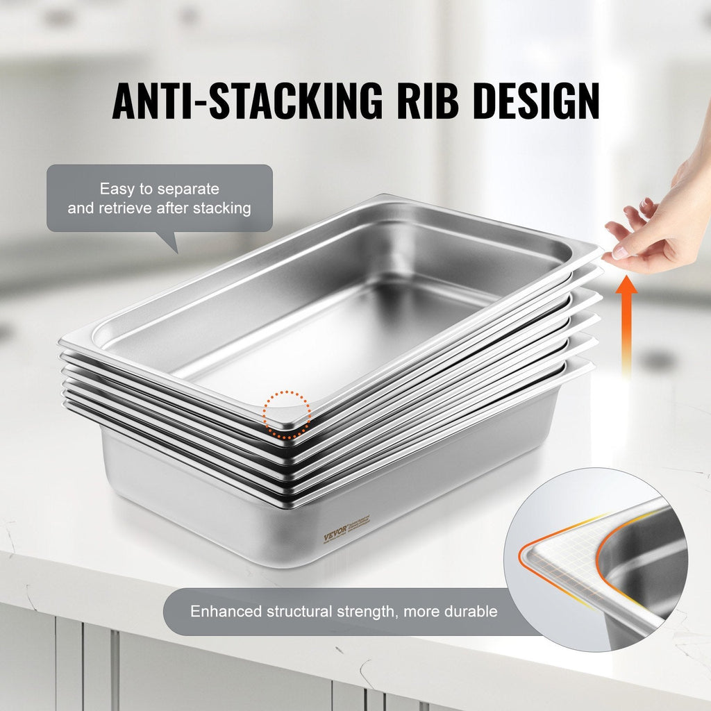 6 Pack Hotel Pans, Full Size Anti-Jam Steam Pan, 0.8mm Thick Stainless Steel Restaurant Steam Table Pan, 4-Inch Deep Commercial Table Pan, Catering Storage Food Pan, for Industrial & Scientific