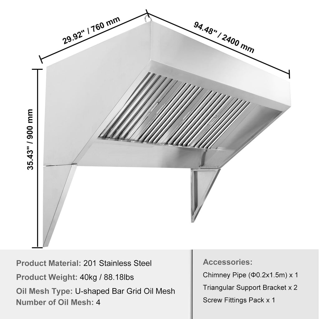 Commercial Exhaust Hood, 8FT Food Truck Hood Exhaust, 201 Stainless Steel Concession Trailer Hood with 4 Detachable U-shaped Grid Oil Filter Mesh, Rust Resistant Vent Hood for Kitchen Restaurant