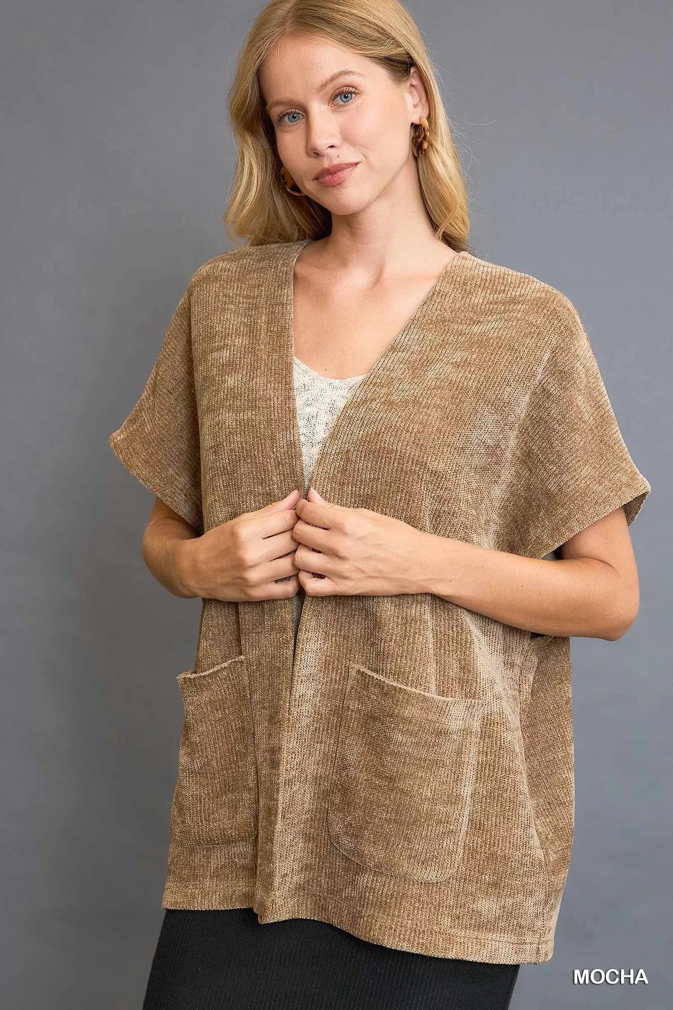 Umgee Open Front Knit Cardigan with Front Pockets