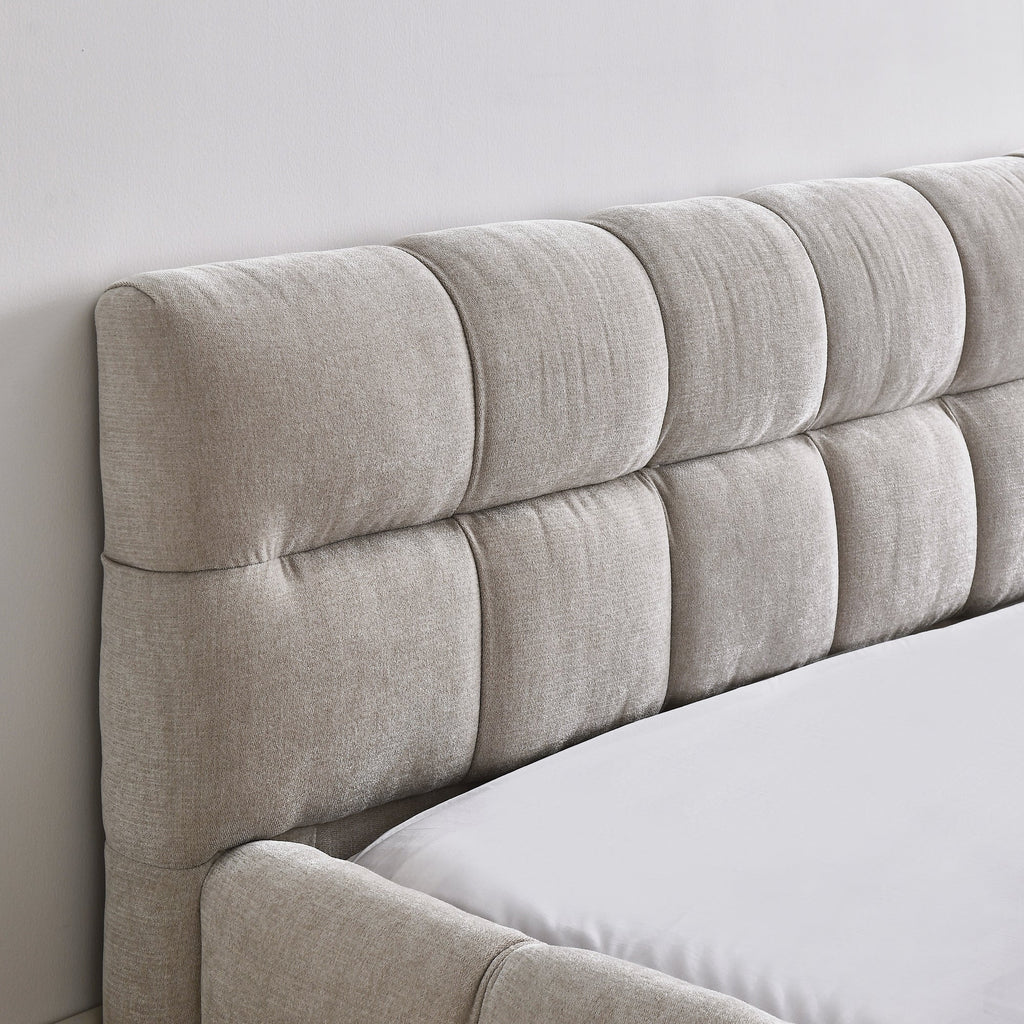 Modern Queen Size Upholstered Bed Frame with Headboard, Thick Chenille Fabric, Beige