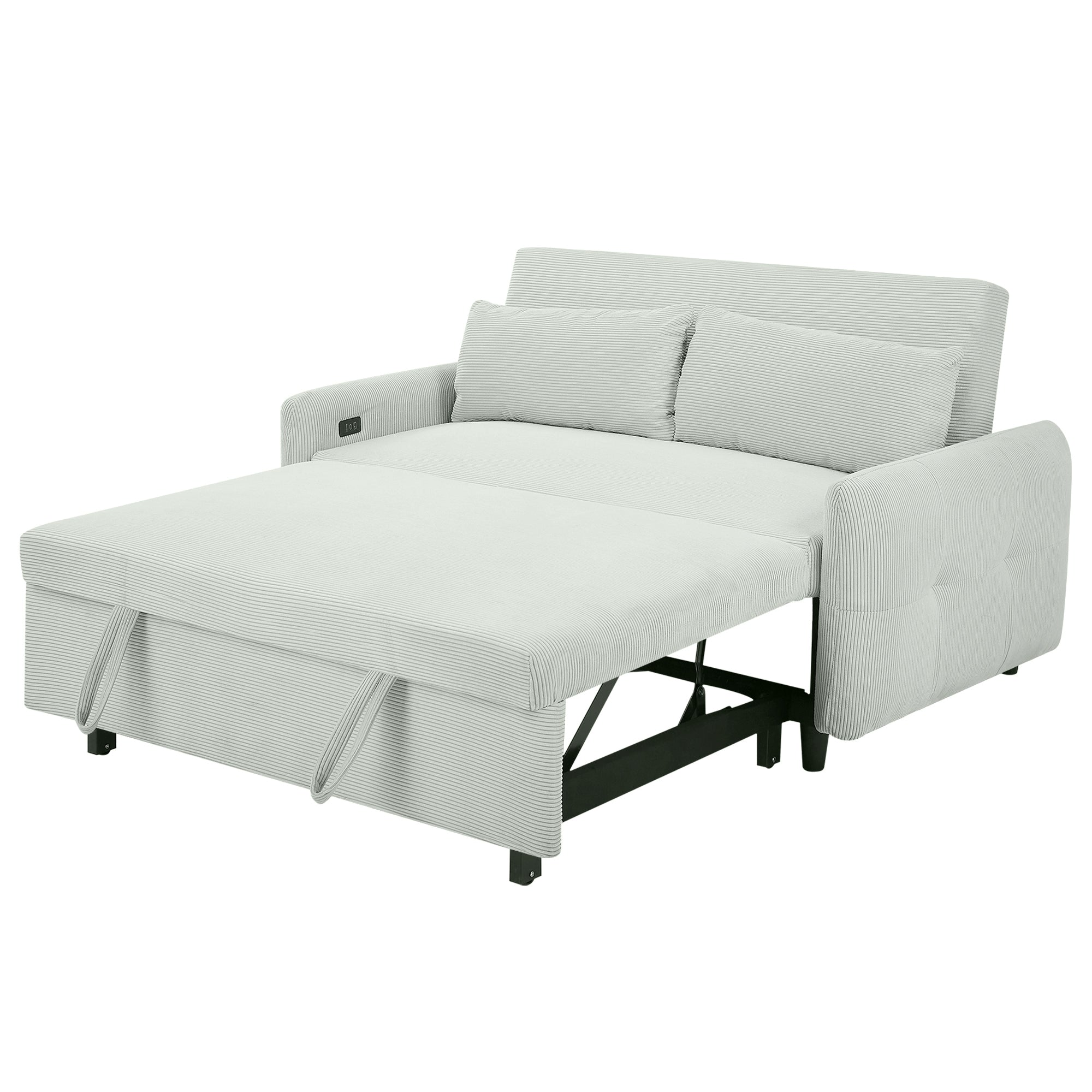 Modern Convertible Pull-out Sofa Bed Loveseat with USB Ports, Light Grey-Green Corduroy, 57.48 Inches