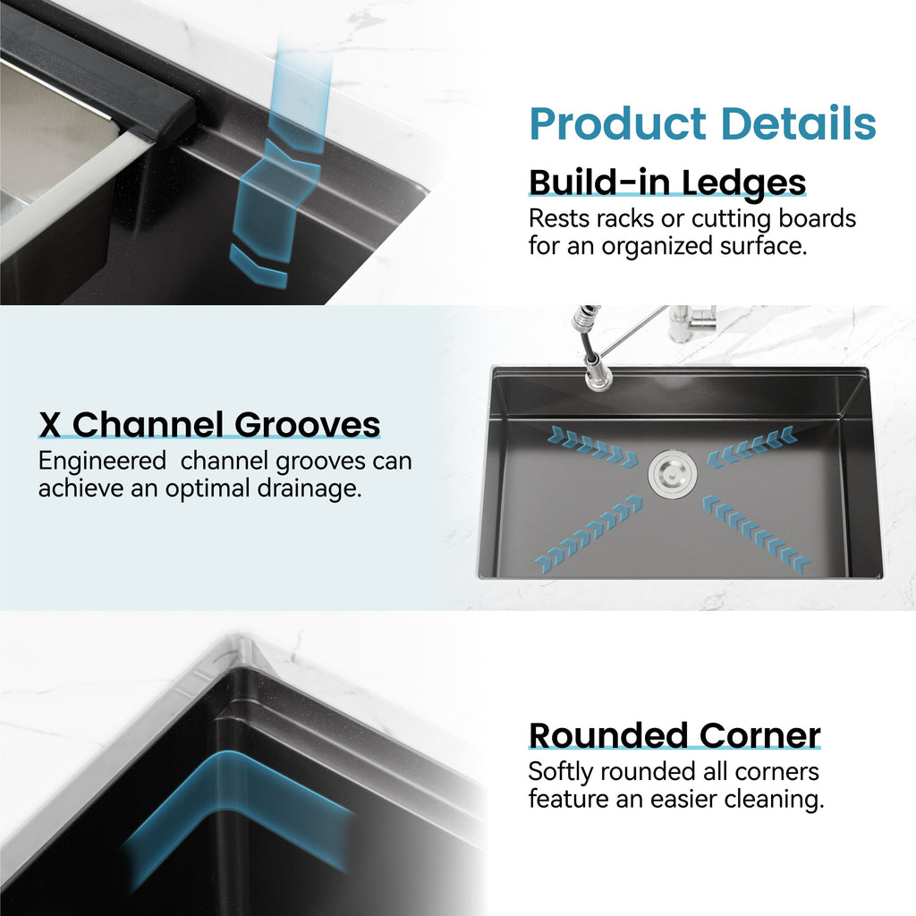 Stainless Steel Kitchen Sink, 30″x19″ Single Bowl, Undermount Handmade Sink in Black, with Cutting Board, Colander