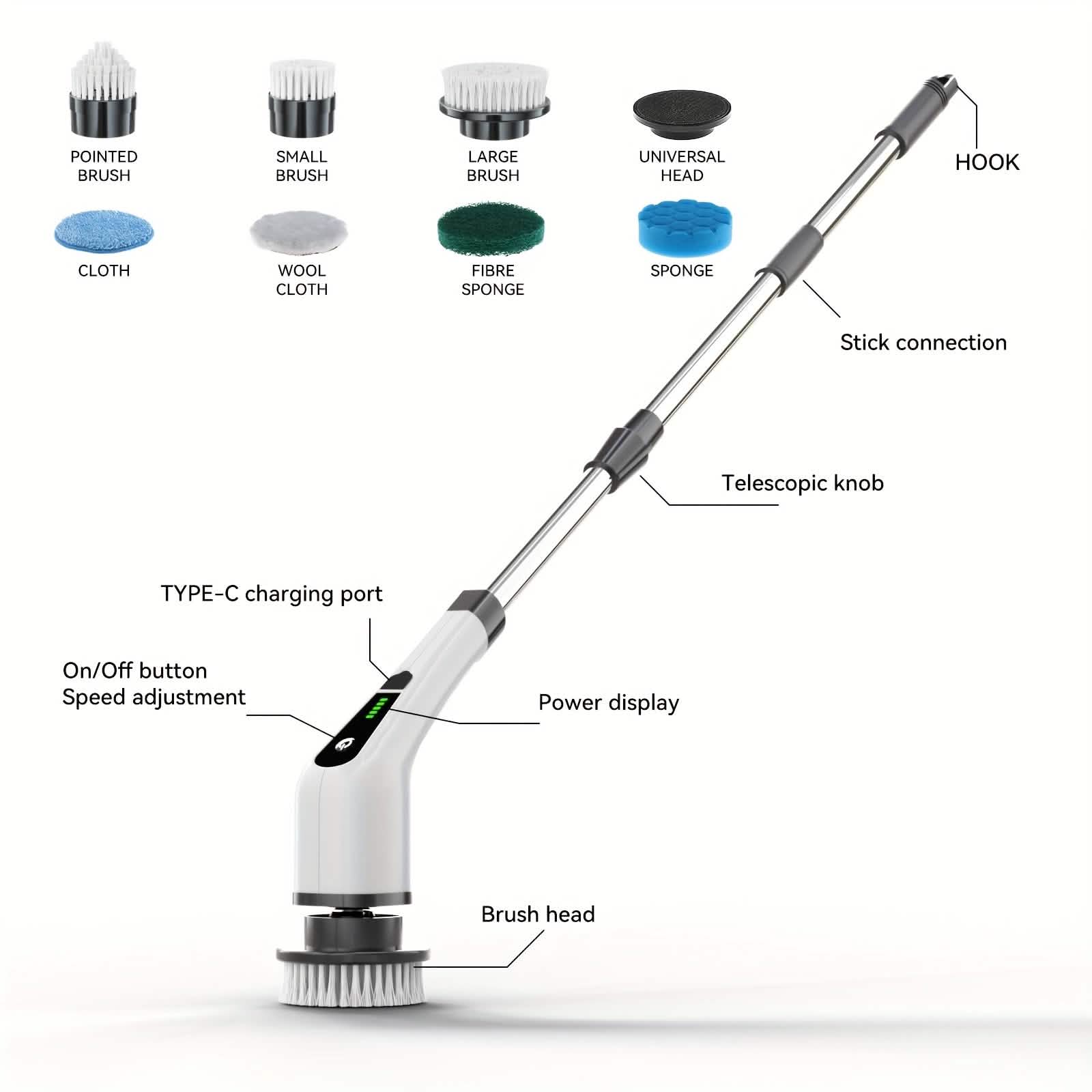Electric Rotary Scrubber with Replaceable 8 Brush Heads and Adjustable Extension Handle