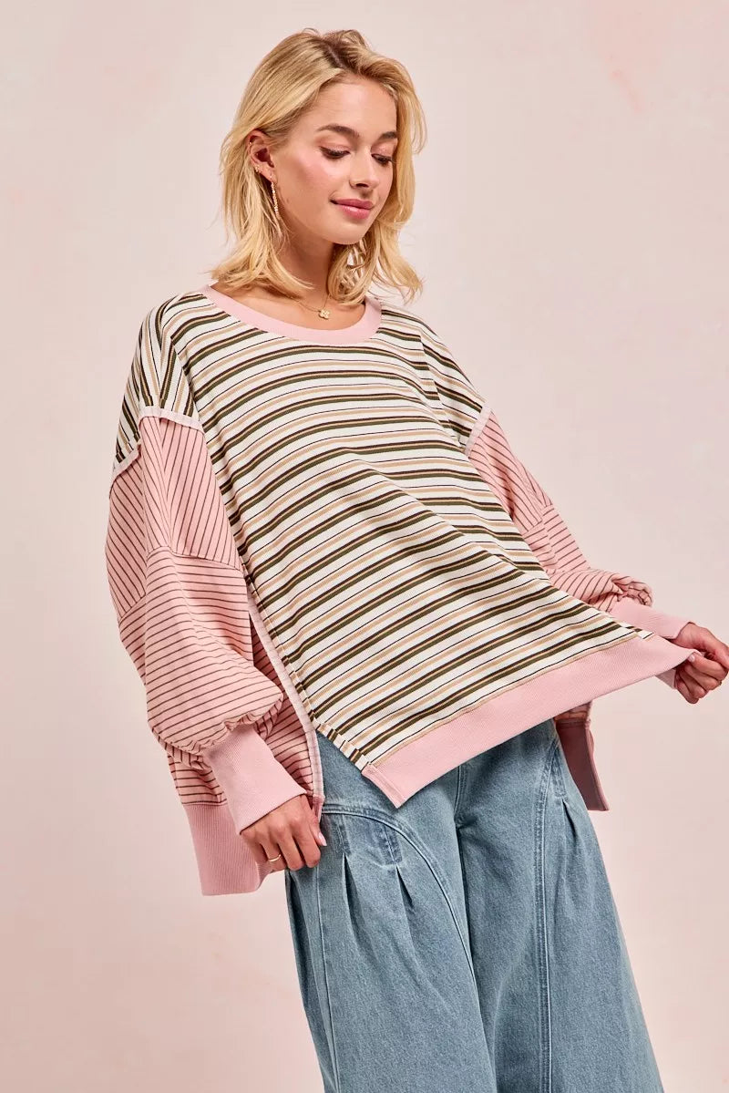 BiBi Stripe Mixed Top With Cut Edge And Reverse Outseam