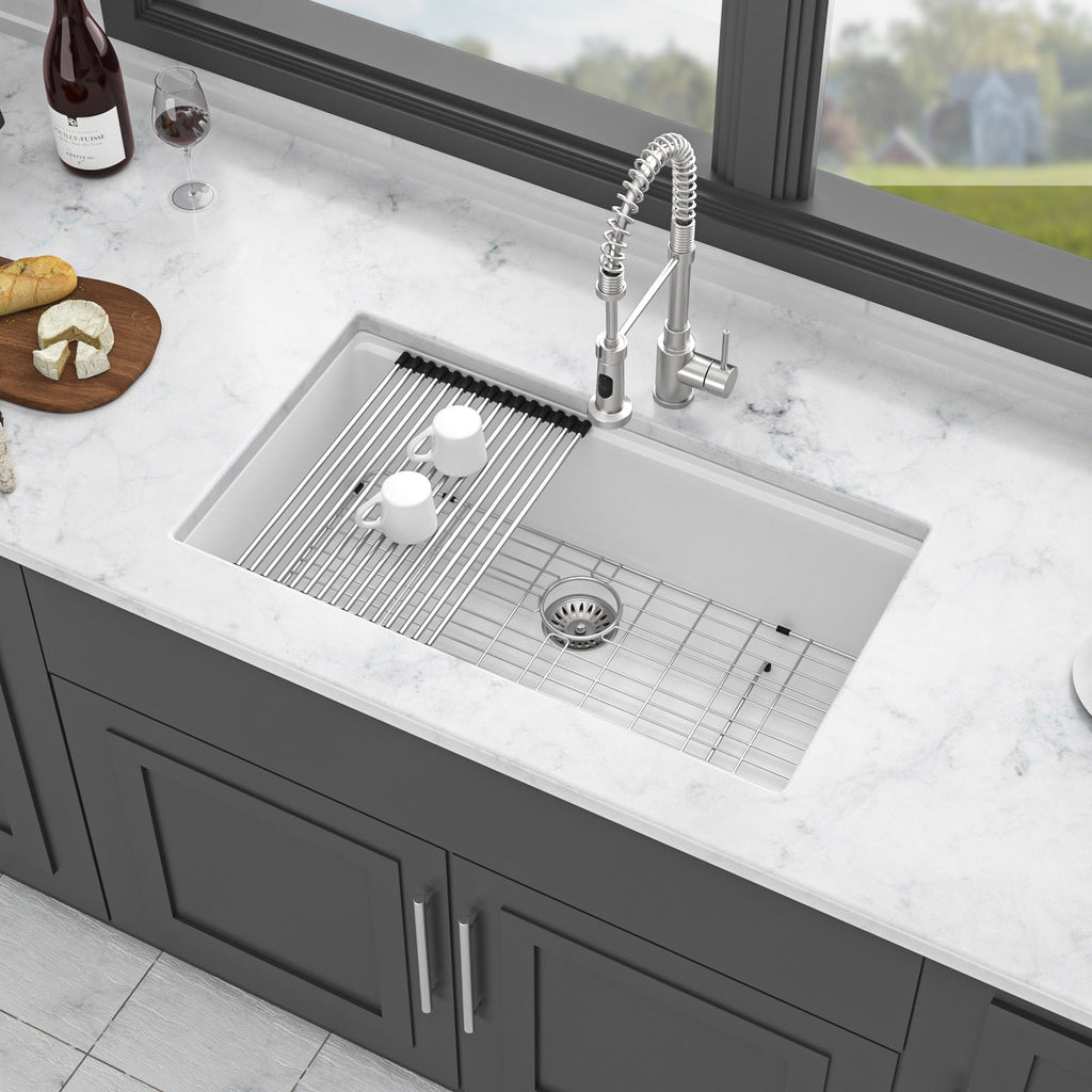 Quartz Kitchen Sink - 32' x 19' White Granite Composite Workstation Undermount Kitchen Sink