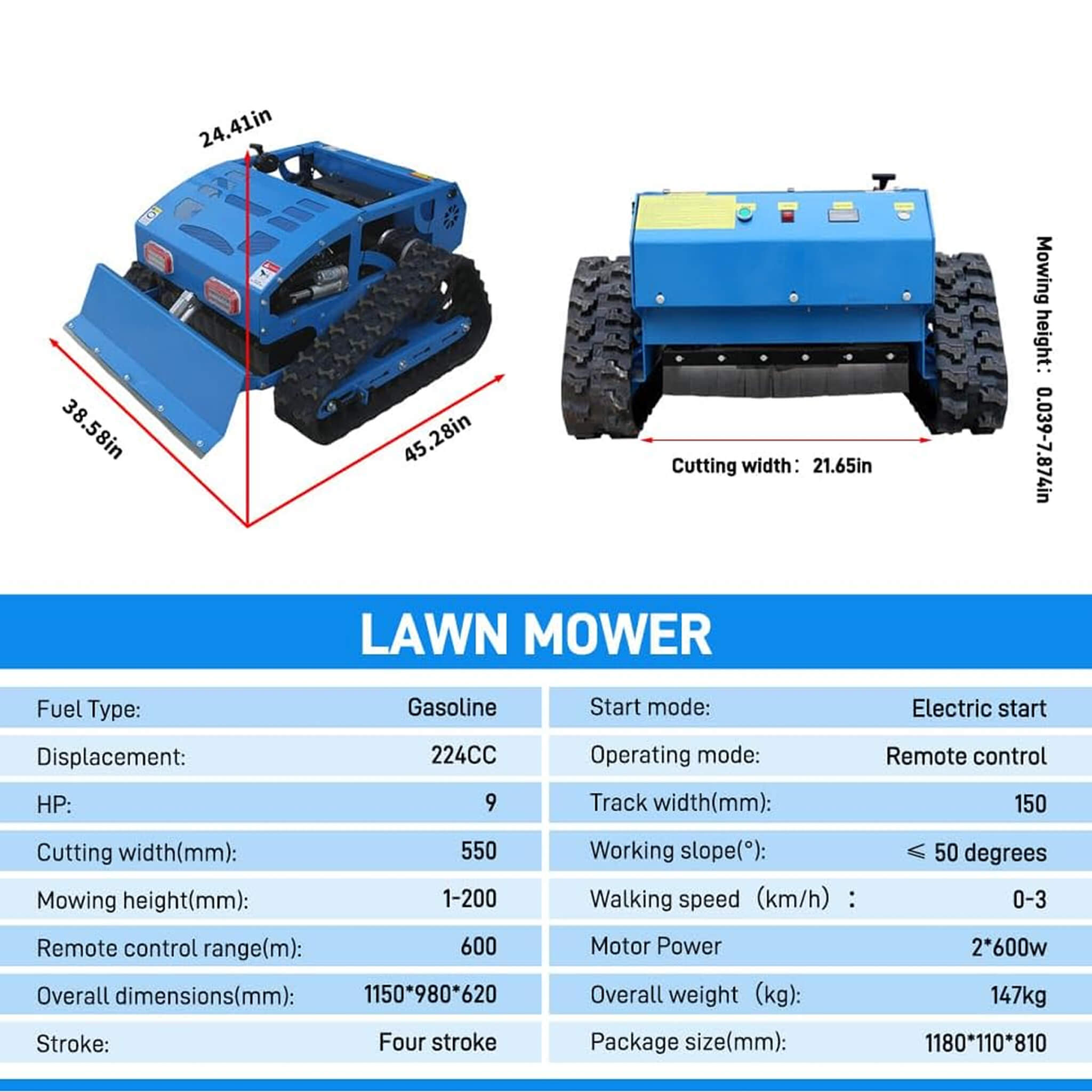 OVK Heavy-Duty 21-Inch 9HP Commercial Remote-Controlled Robotic Lawn Mower With Tracks And Plow (SAK26583)