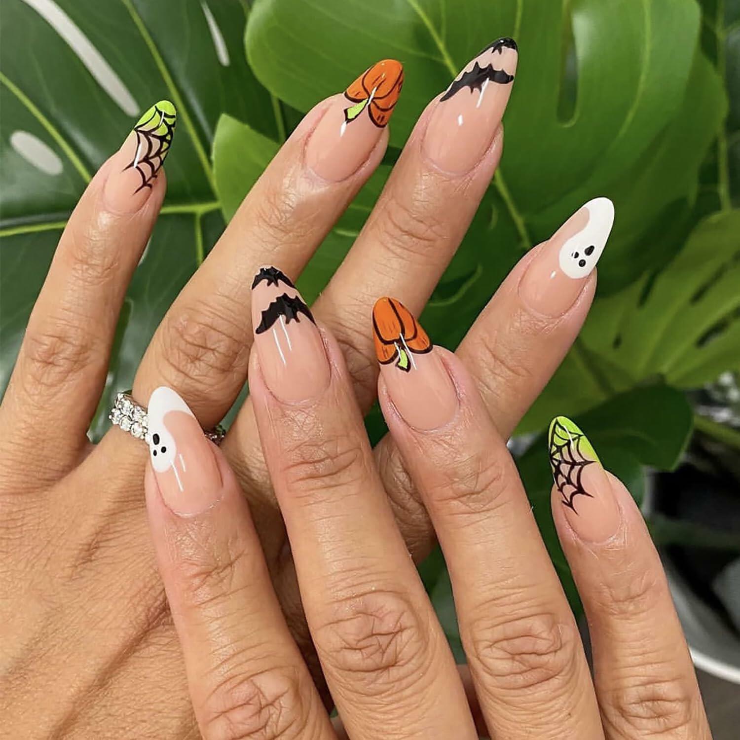 24 Pcs Halloween Acrylic Press On Nails Medium Almond Ghost Pumpkin Bat Design
