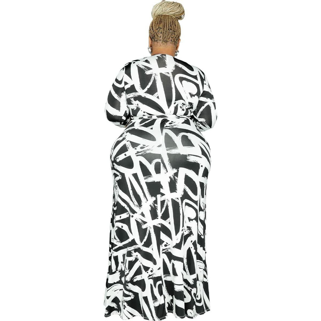 BFFBABY Sexy Wrap V Neck 3/4 Sleeve Chain Print Maxi Dress with Belt Size 5XL