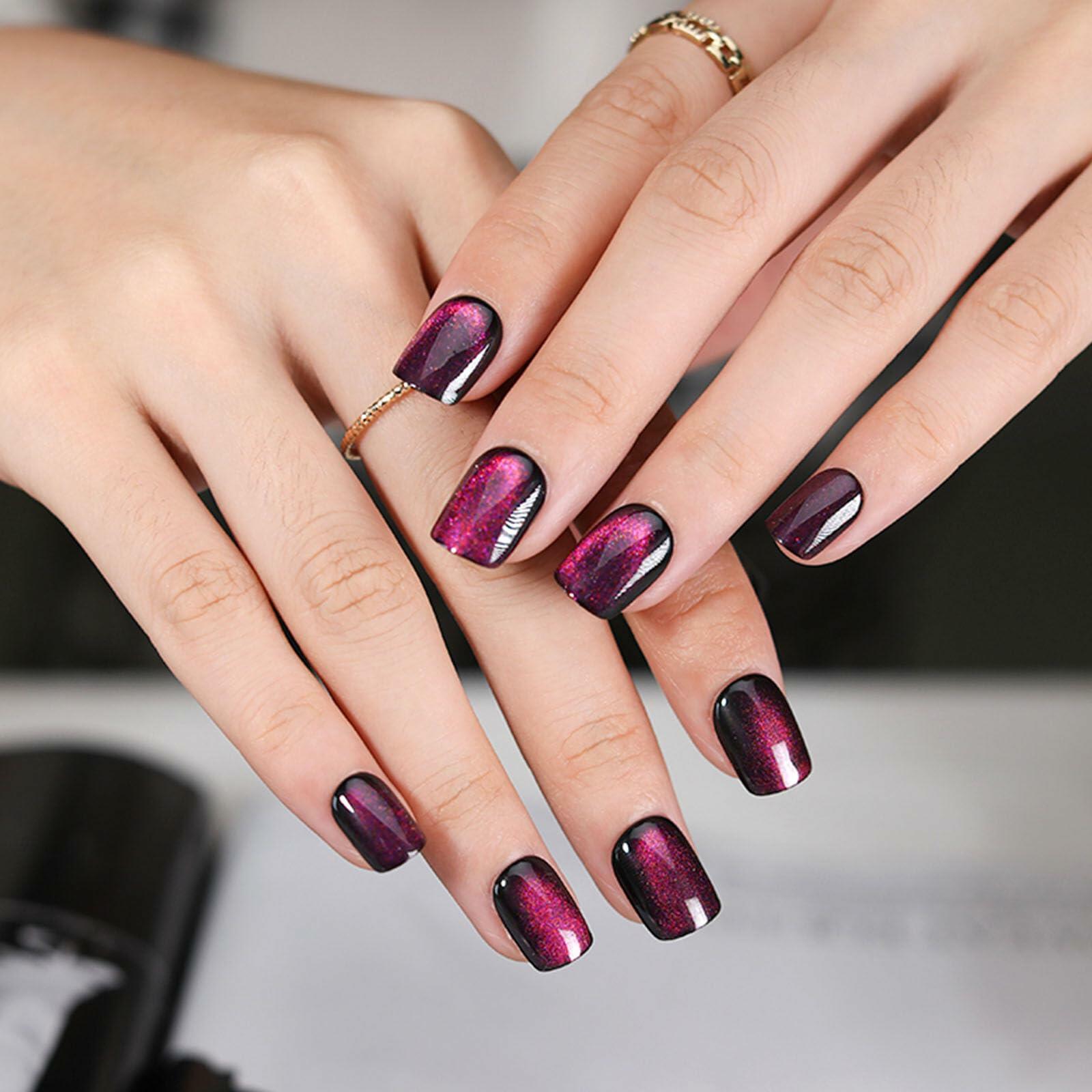 Purple Press On Nails Short Square Acrylic Cat Eye Color Changing 24 Pcs