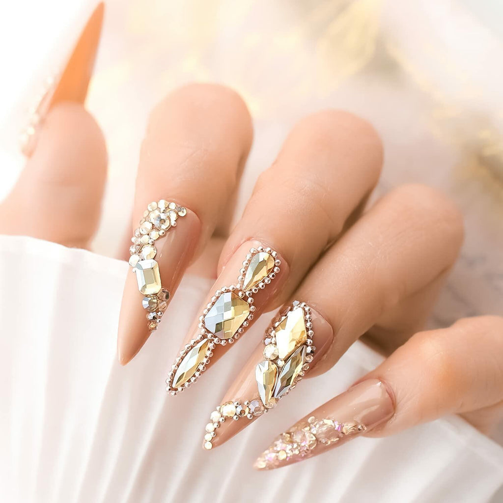 Champagne Gold Nail Art Rhinestones 1130Pcs Flat Bottom 12 Grids DIY Craft