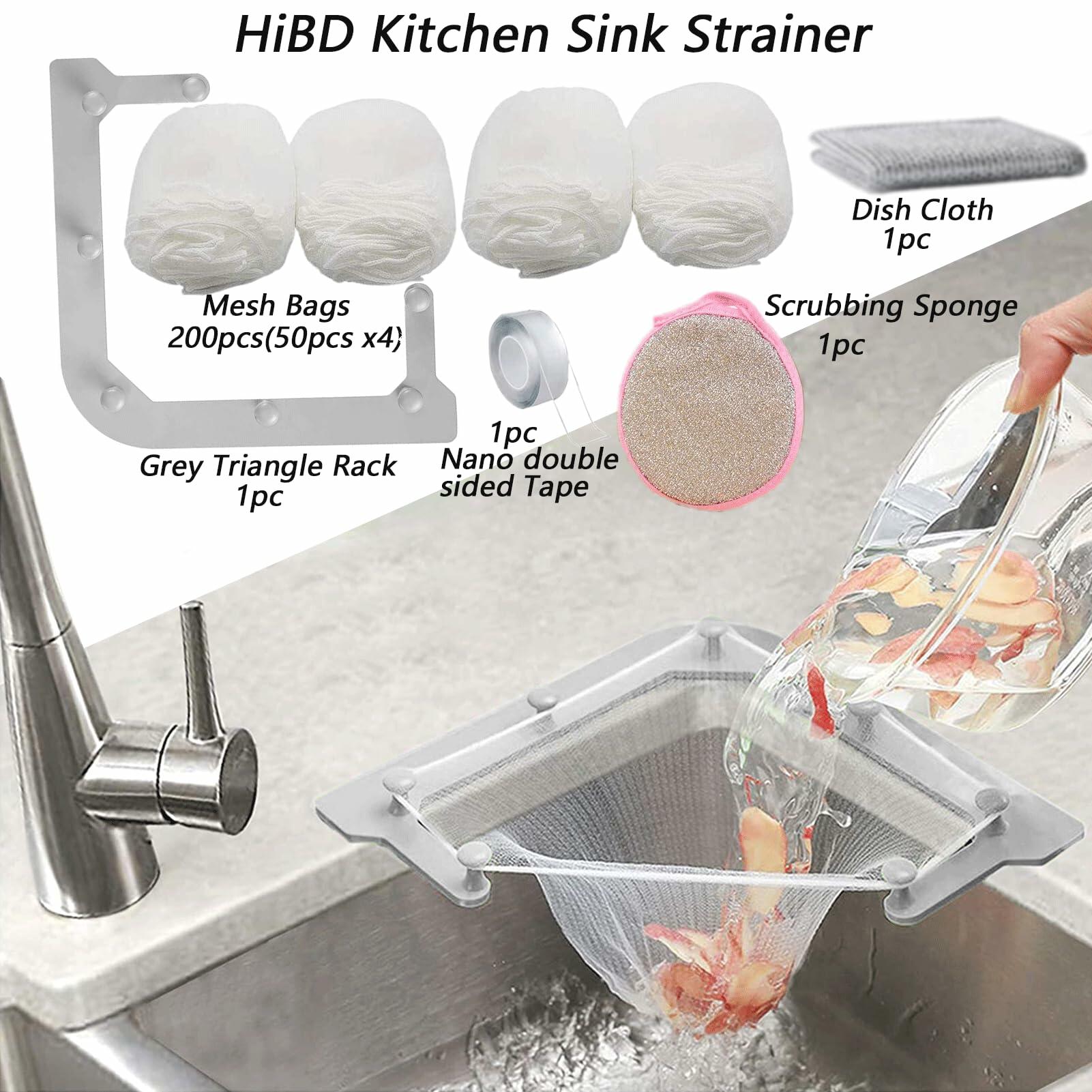 HiBD Kitchen Sink Triangle Tri-Holder Strainer Gray Rack 200PCS Mesh Bags